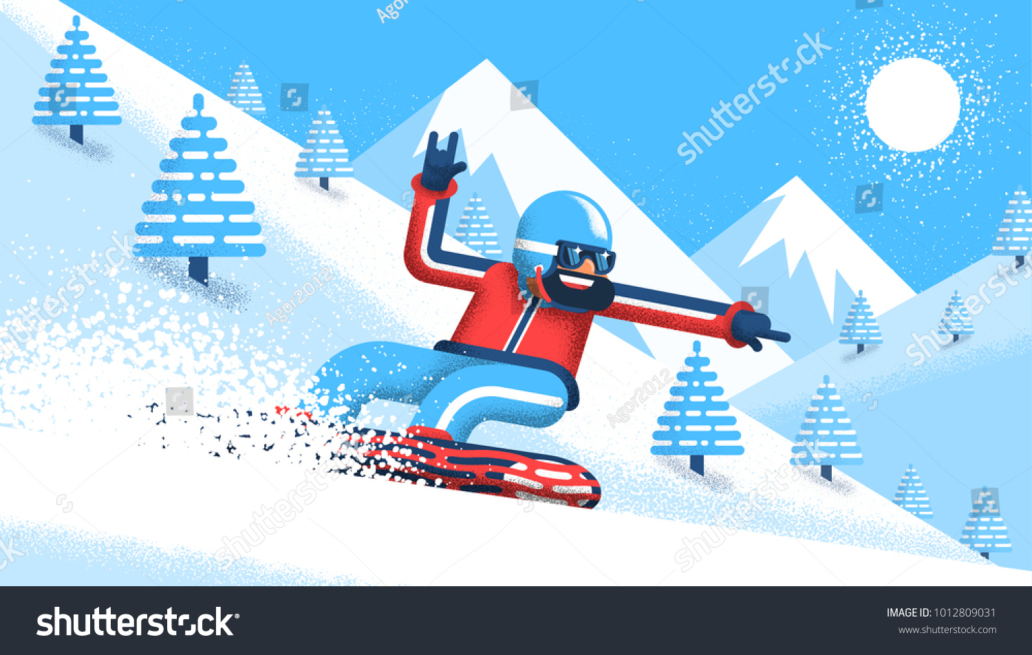 Bearded snowboarder in bright clothes rushes down the mountain. Vector illustration in a flat style with noise shadows.