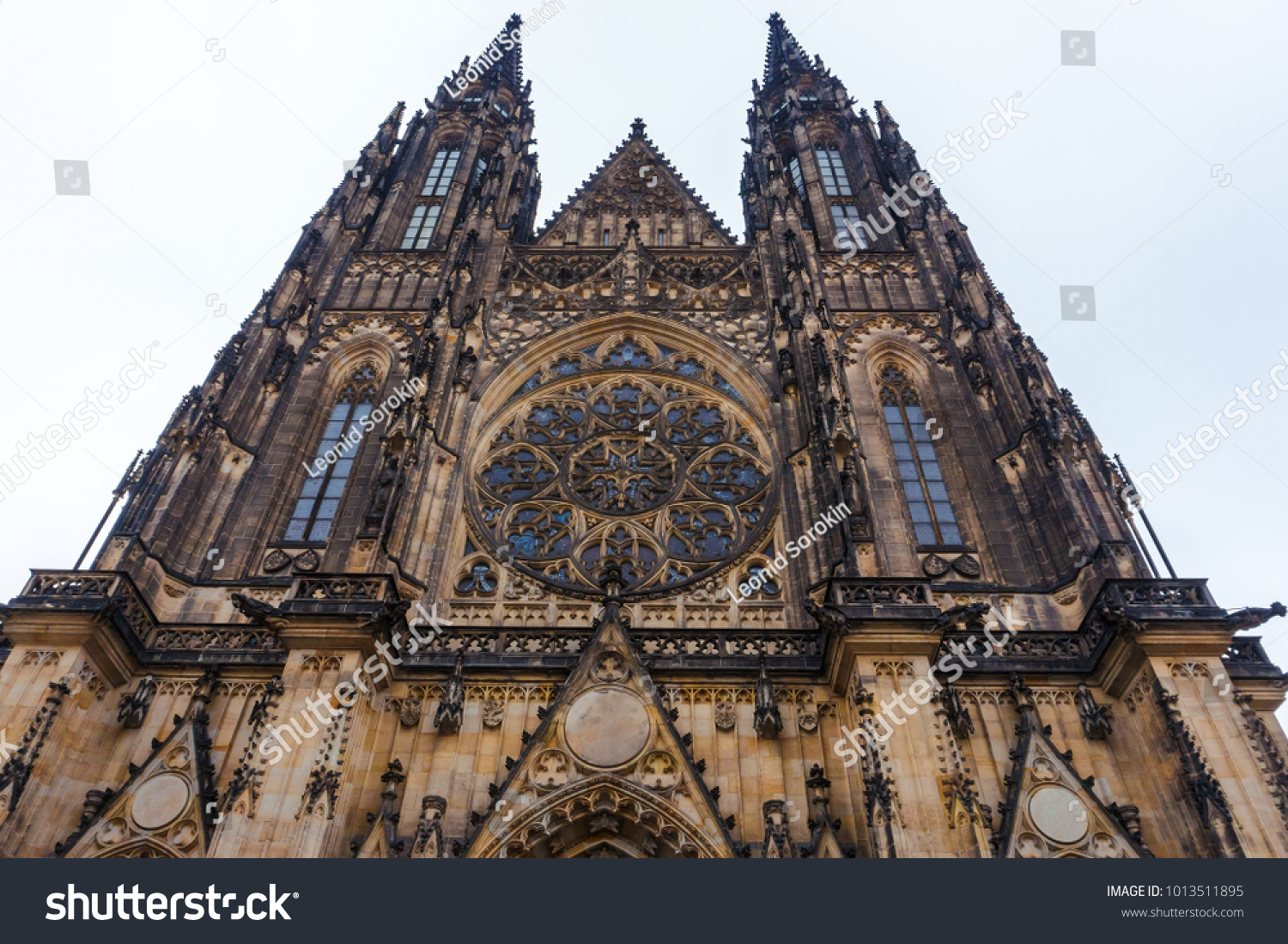 Facade of gothic architecture of Saint Vitus Cathedral in Prague  Czech Republic