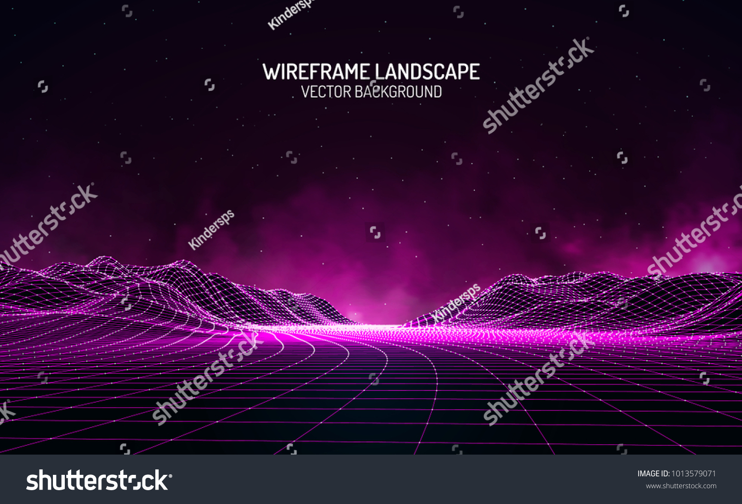 Abstract digital landscape with particles dots and stars on horizon. Wireframe landscape background. Big Data. 3d futuristic vector illustration. 80s Retro Sci-Fi Background