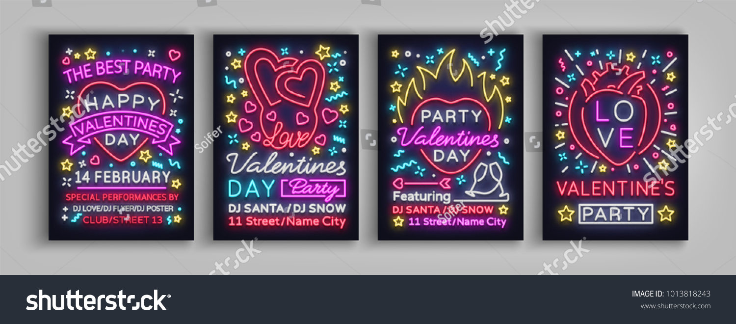 Happy Valentines Day party set of posters. Collection neon patterns templates typography  neon sign  bright banner invitation to the party  nightlit nightclub advertising  card. Vector illustration
