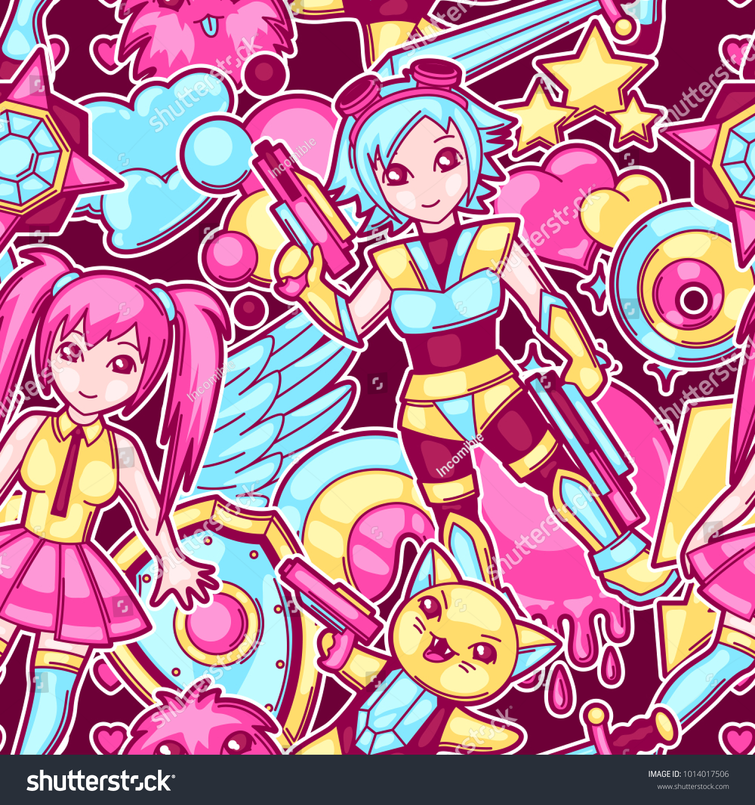 Japanese anime cosplay seamless pattern. Cute kawaii characters and items.