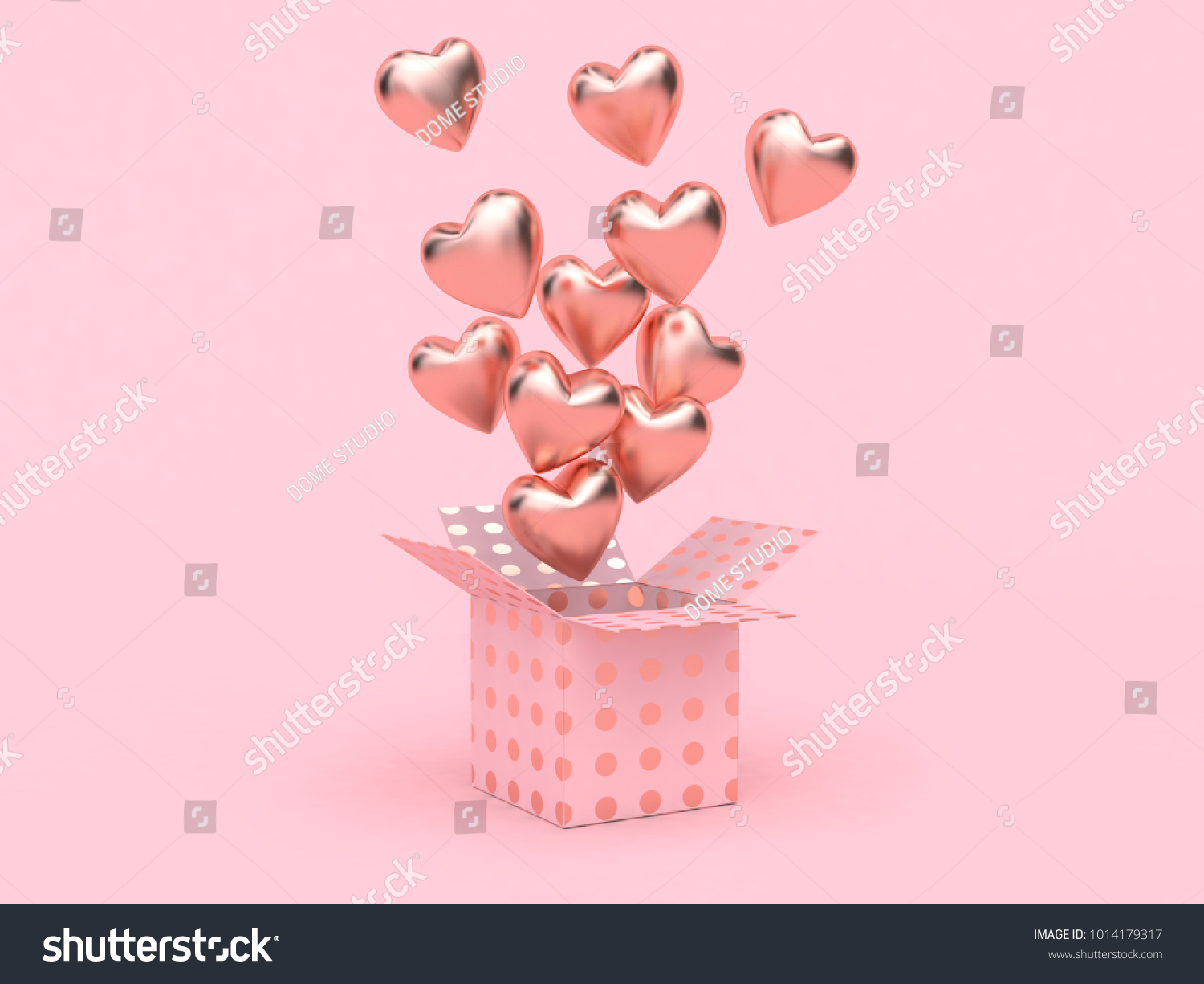 礼品盒开放气球心浮动粉红色背景爱情人节3D渲染