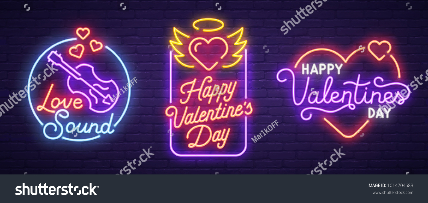 Set neon logo  label  emblem. Happy Valentine's Day. Neon sign  bright signboard  light banner. 