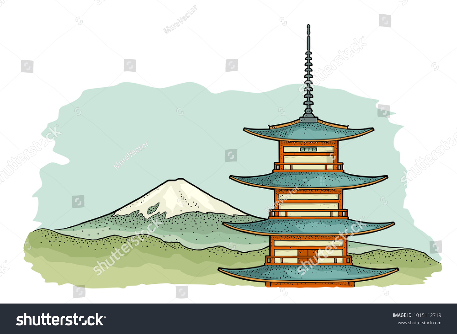 Mountain Fuji in Japan. Vintage color vector engraving illustration for poster  label  web. Isolated on white background. Hand drawn design element