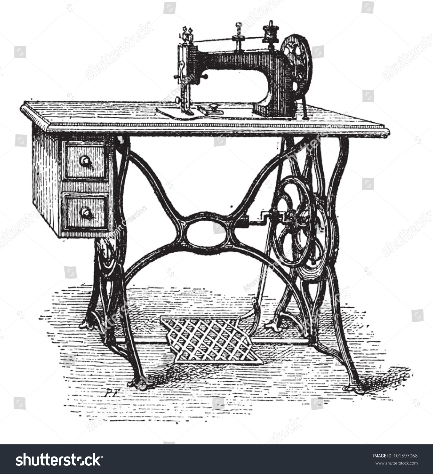 Foot-powered Sewing Machine  vintage engraved illustration. Dictionary of Words and Things - Larive and Fleury - 1895