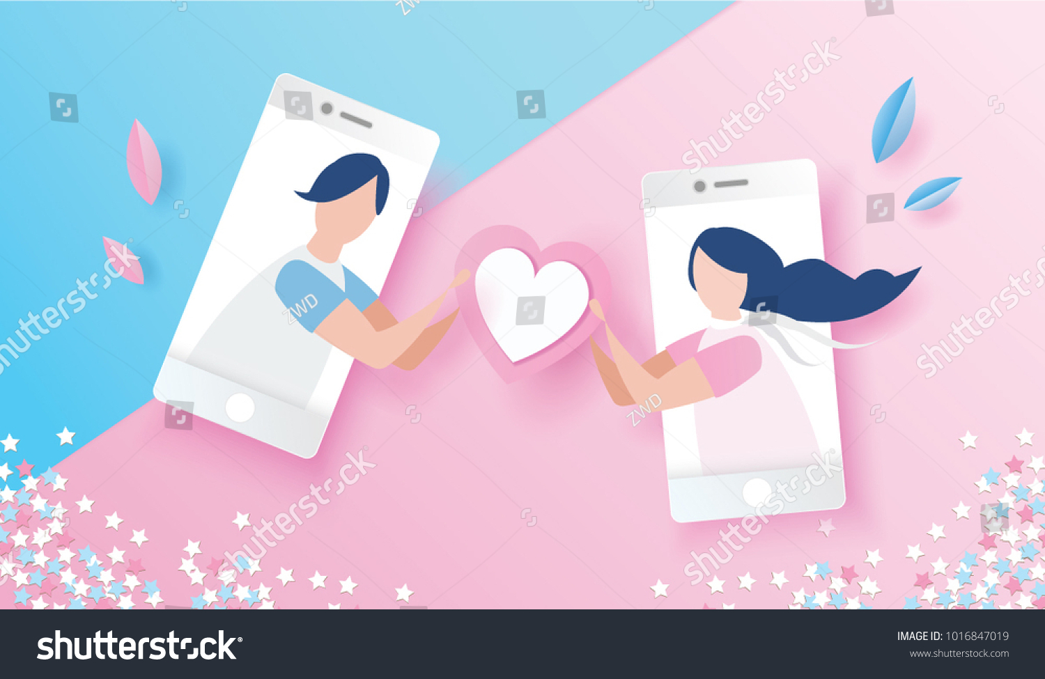 love couple in mobile phone sent pink heart and love gift.design for Valentine's day festival on pink background. Vector illustration.paper art style.