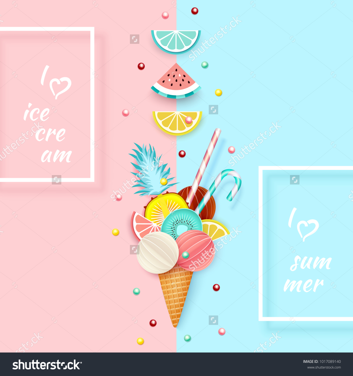 Ice cream  Fruit  3D  Pastel. Abstract background with ice cream cone  lime  lemon  orange  kiwi and watermelon in paper cut style. Minimalist pastel summer food concept. Vector illustration