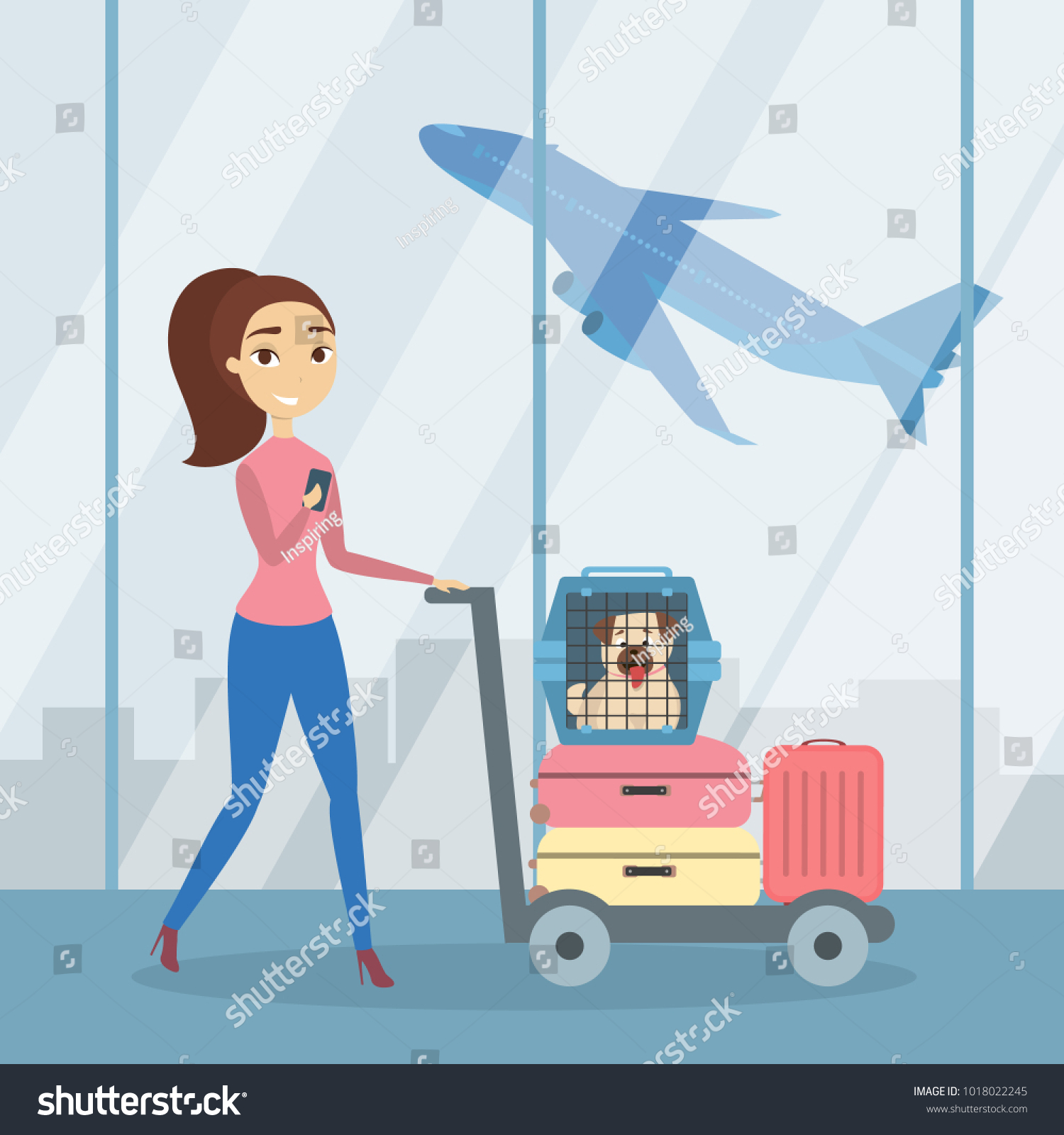 People at airport. Woman with dog in cage and luggage.