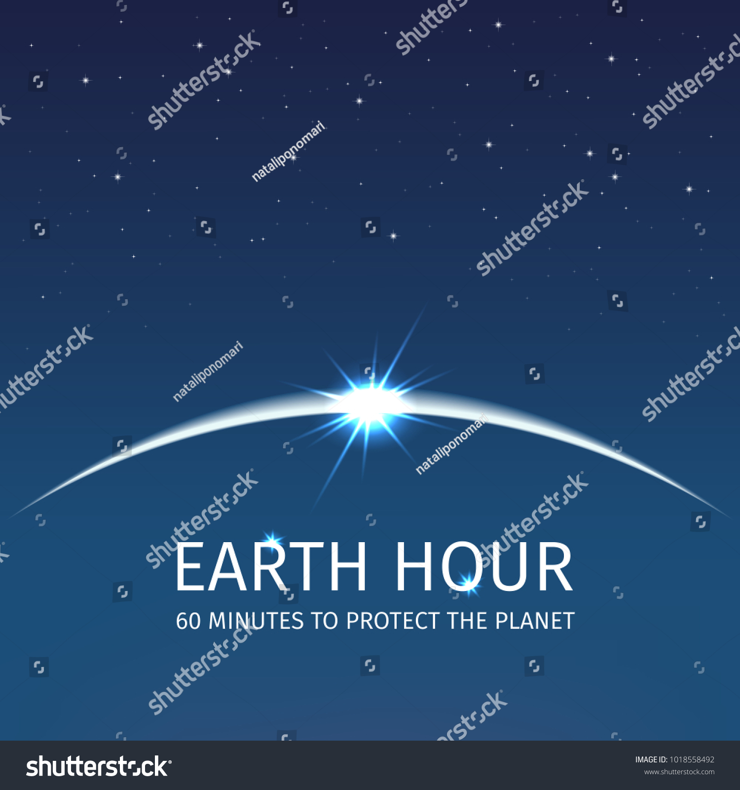 Earth hour in the night sky. Sunrise in space over the planet. 60 minutes to protect the planet. The glowing rays of the sun. The sparkle of the stars. Use for posters  banners  cards.