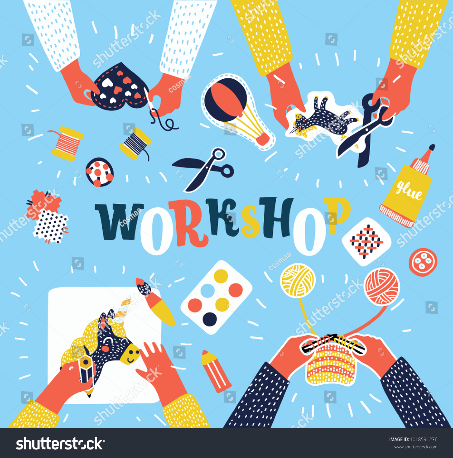 Vector colorful cartoon illustration of creative kids lab  top view table with creative kids hands. Cutting paper  painting and sketching  knitting  embroidery  applique  sawing. Workshop  education.