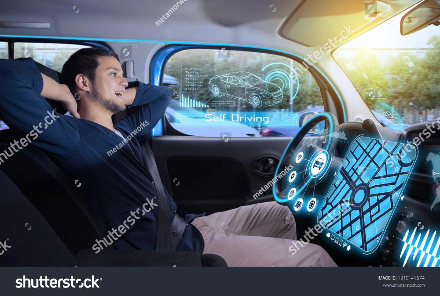 relaxed man in autonomous car. self driving vehicle. autopilot. automotive technology.