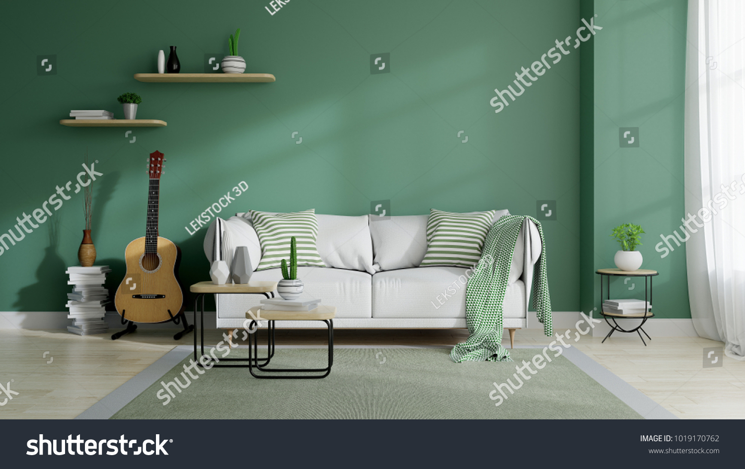 Modern mid century and minamalist interior of living room eco space concept design white sofa and green plant on green wall and wood floor 3d render
