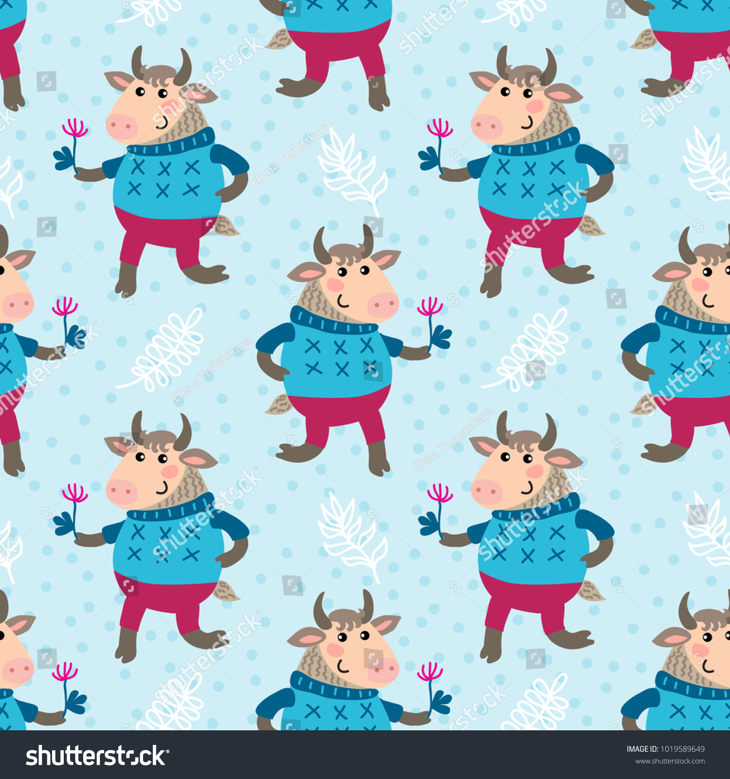 Seamless pattern with cute cartoon goat vector illustration