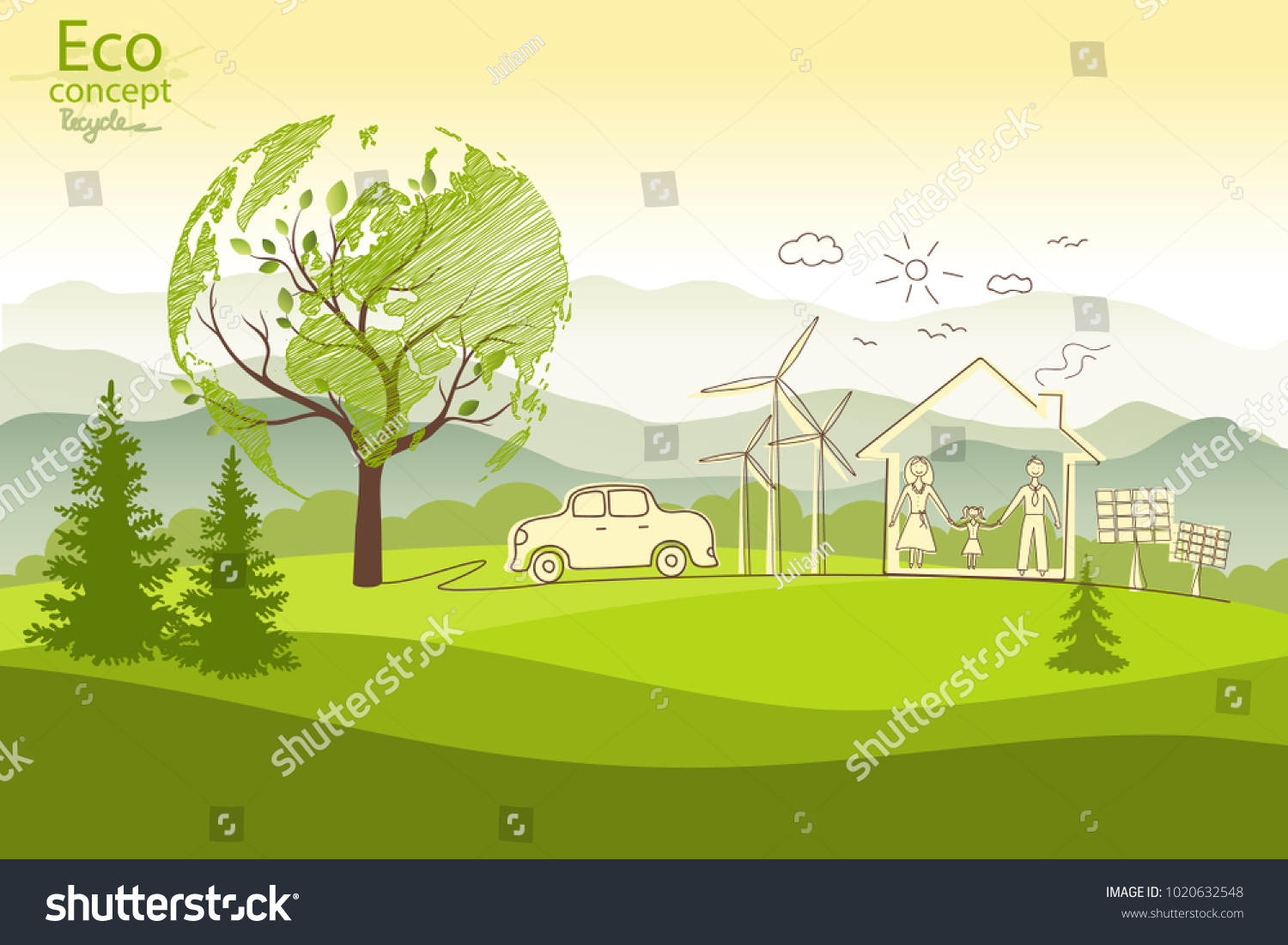 Green globe on the tree. Tree with globe. Creative drawing ecological concepts  With happy family stories  The concept of ecology  to save the planet. Environmentally friendly world. Simple modern.