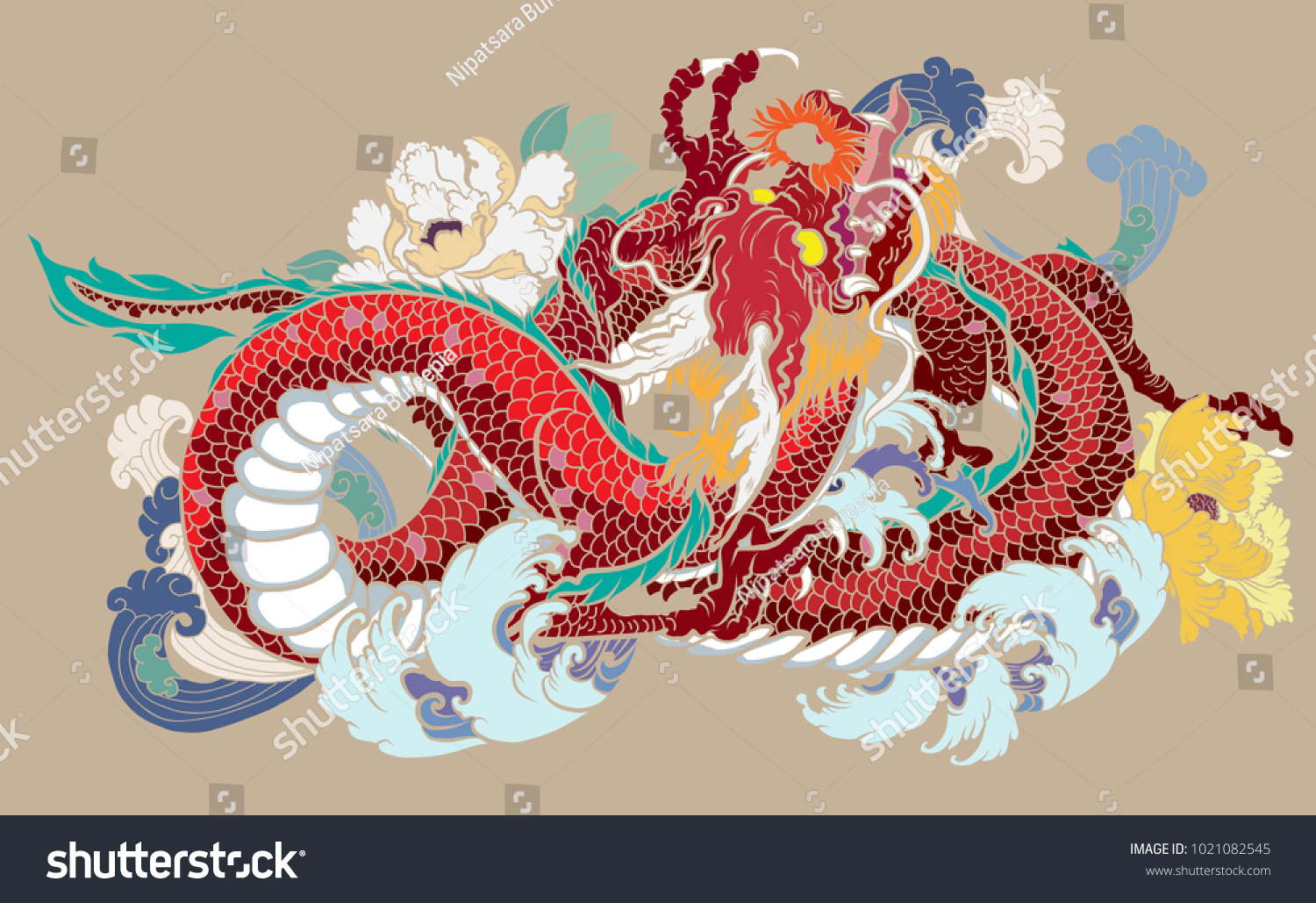 Colorful Dragon and plum flower tattoo.Hand drawn Japanese old dragon with peony and wave background Design for Asian tattoo.