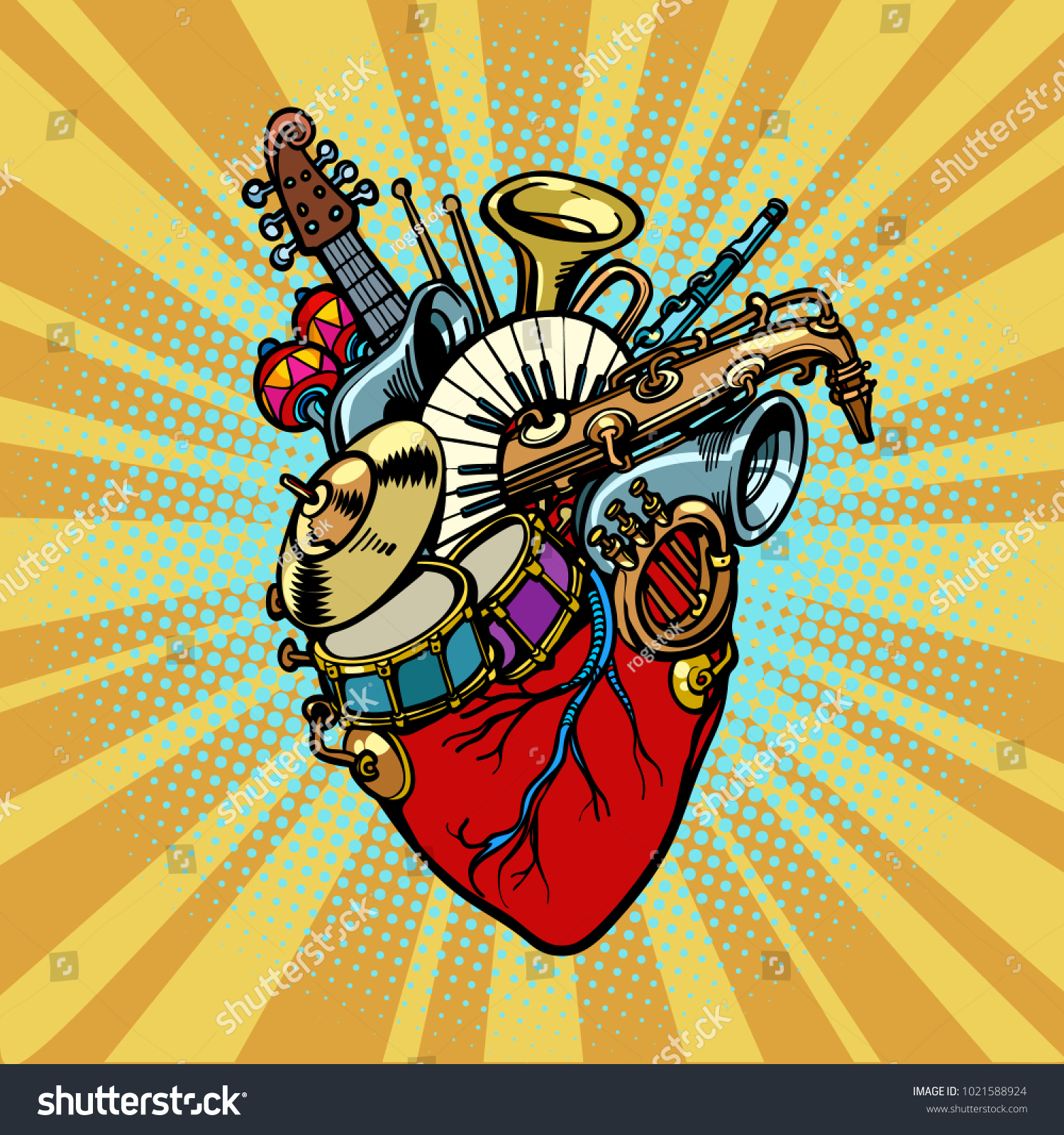 Music in the heart  musical orchestral instruments. Comic cartoon pop art illustration retro vintage kitsch vector