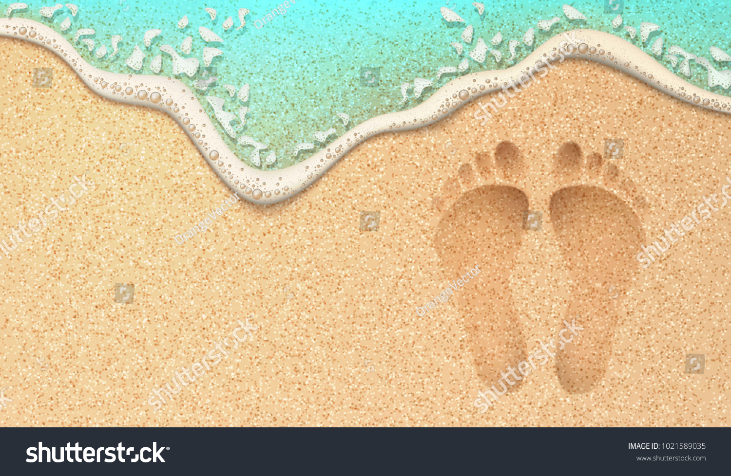 Beach sand footprint ocean coast sea azure wave with bubble. Vector realistic illustration. Tropical travel  summer vacation holiday paradise resort background template. Human steps on shore