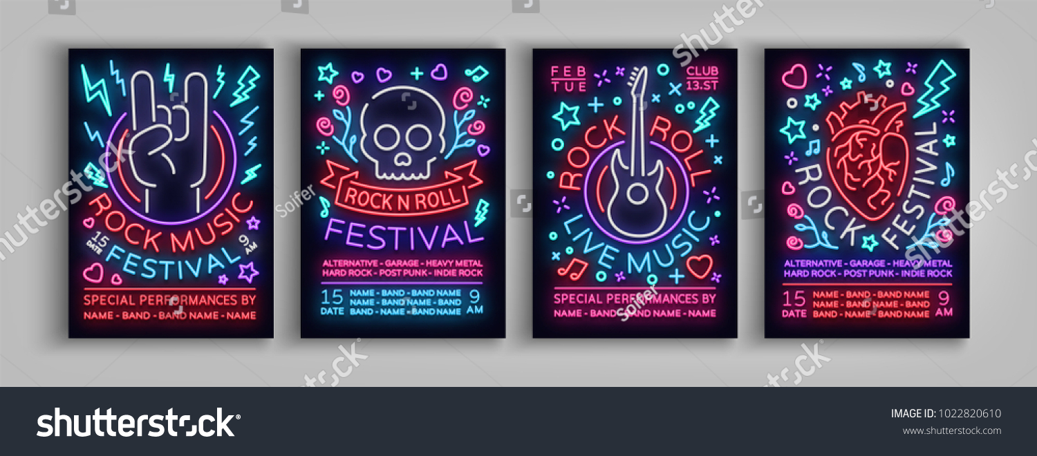 Rock Festival set of posters in neon style. Collection neon sign  an invitation to the concert brochure on roknrol music  bright banner  flyer for festivals  parties and concerts. Vector illustration