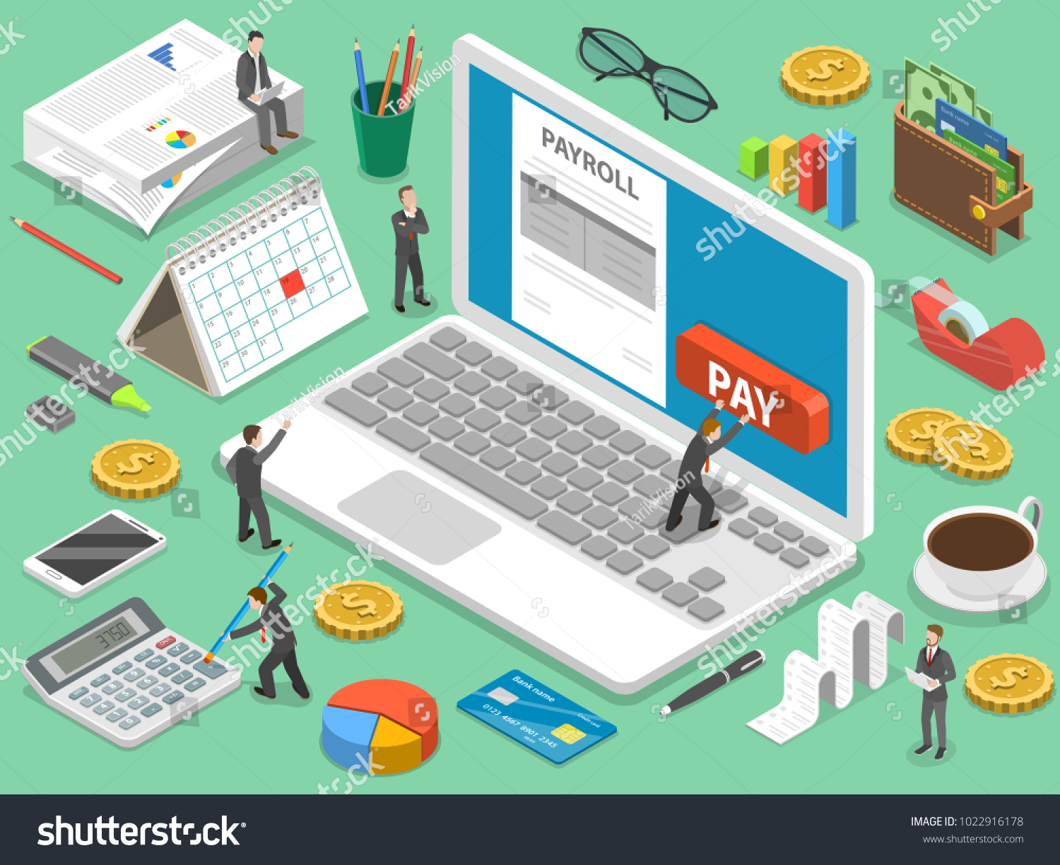 Payroll flat isometric vector concept of salary payment  financial calendar  expenses calculator.