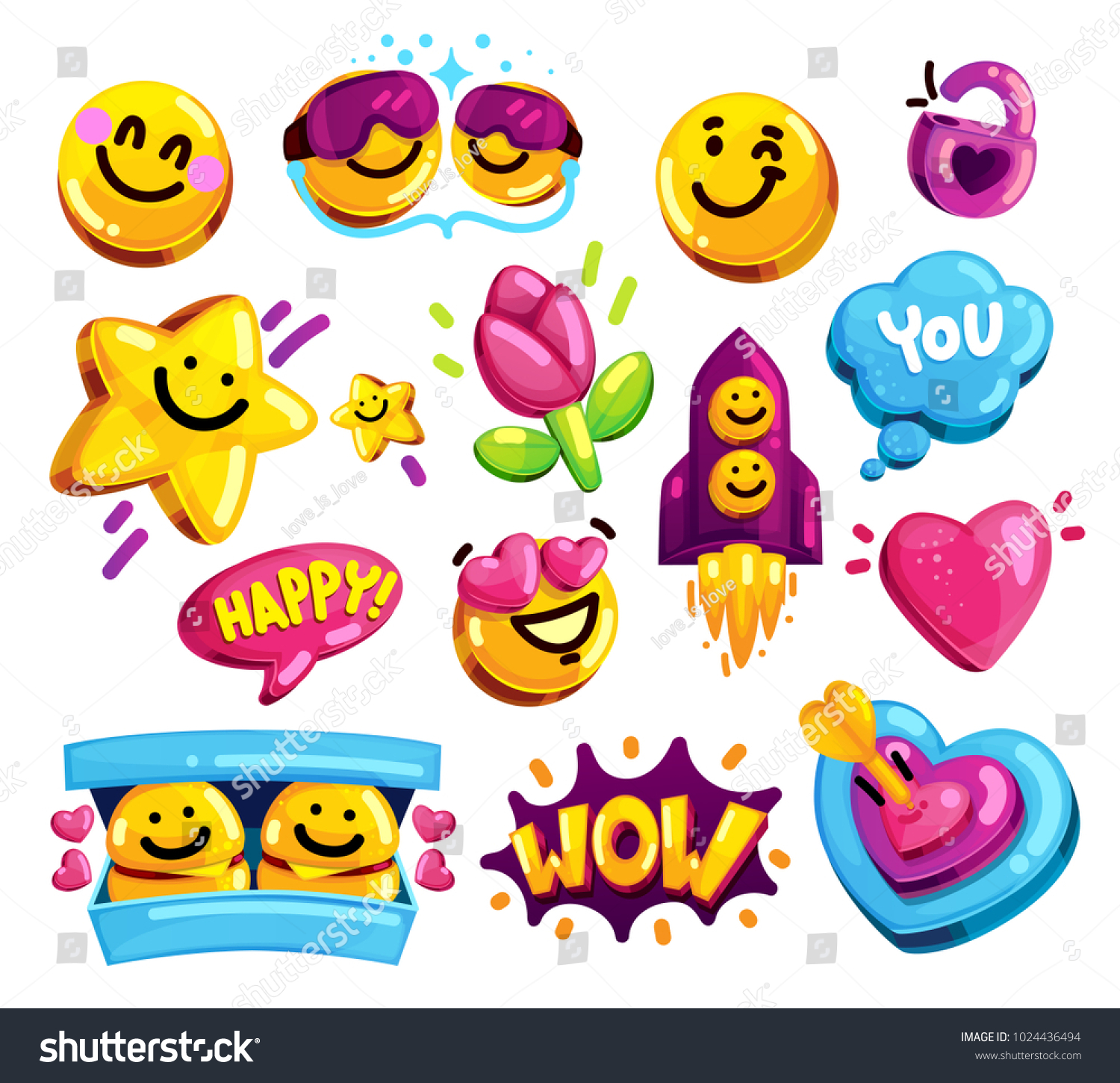 Smiley face love and friends stickers vector set. Cartoon youth symbols on isolated background