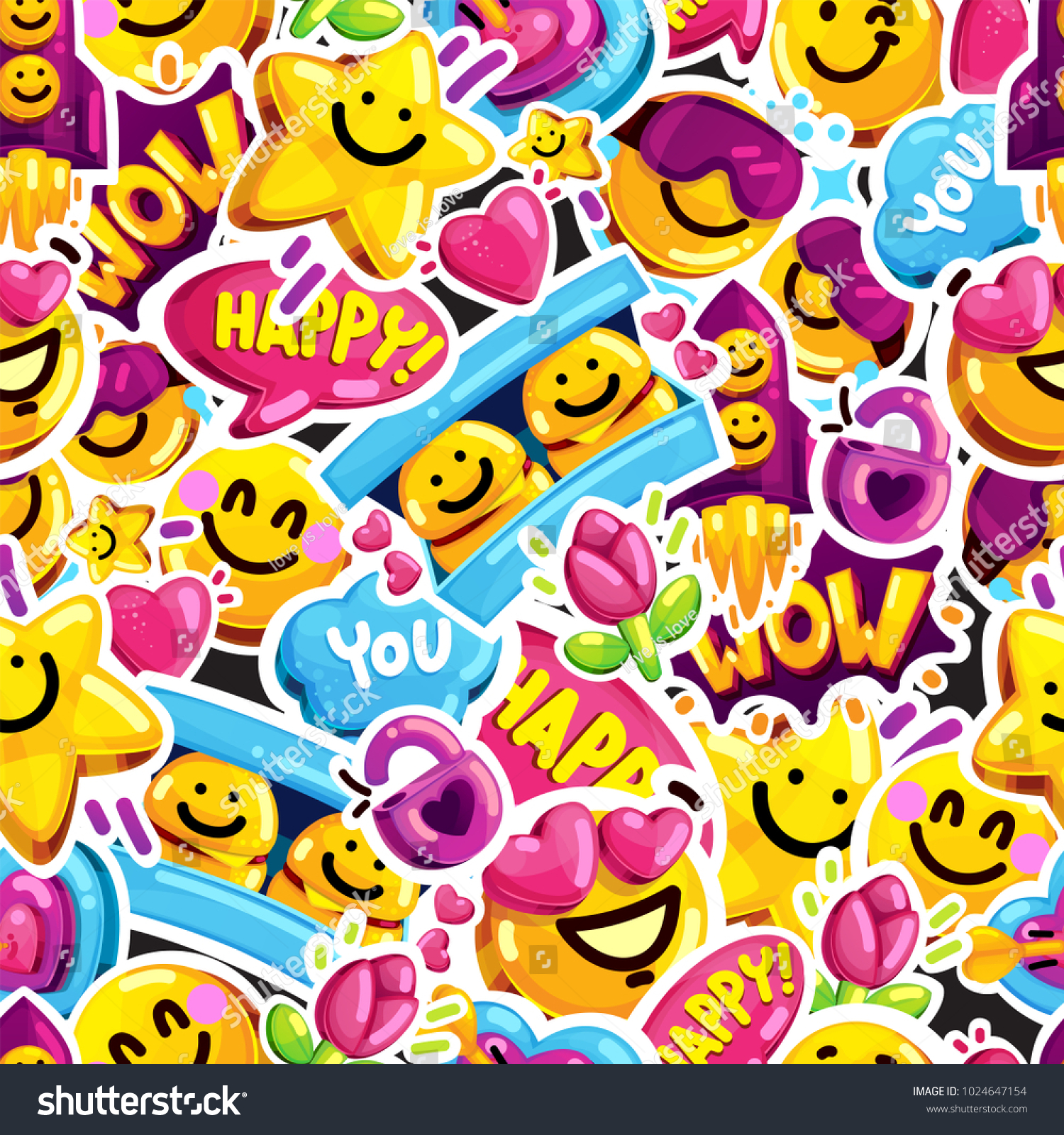 smiley faces sticker emoji love seamless pattern. Cartoon vector youth fun message background. 