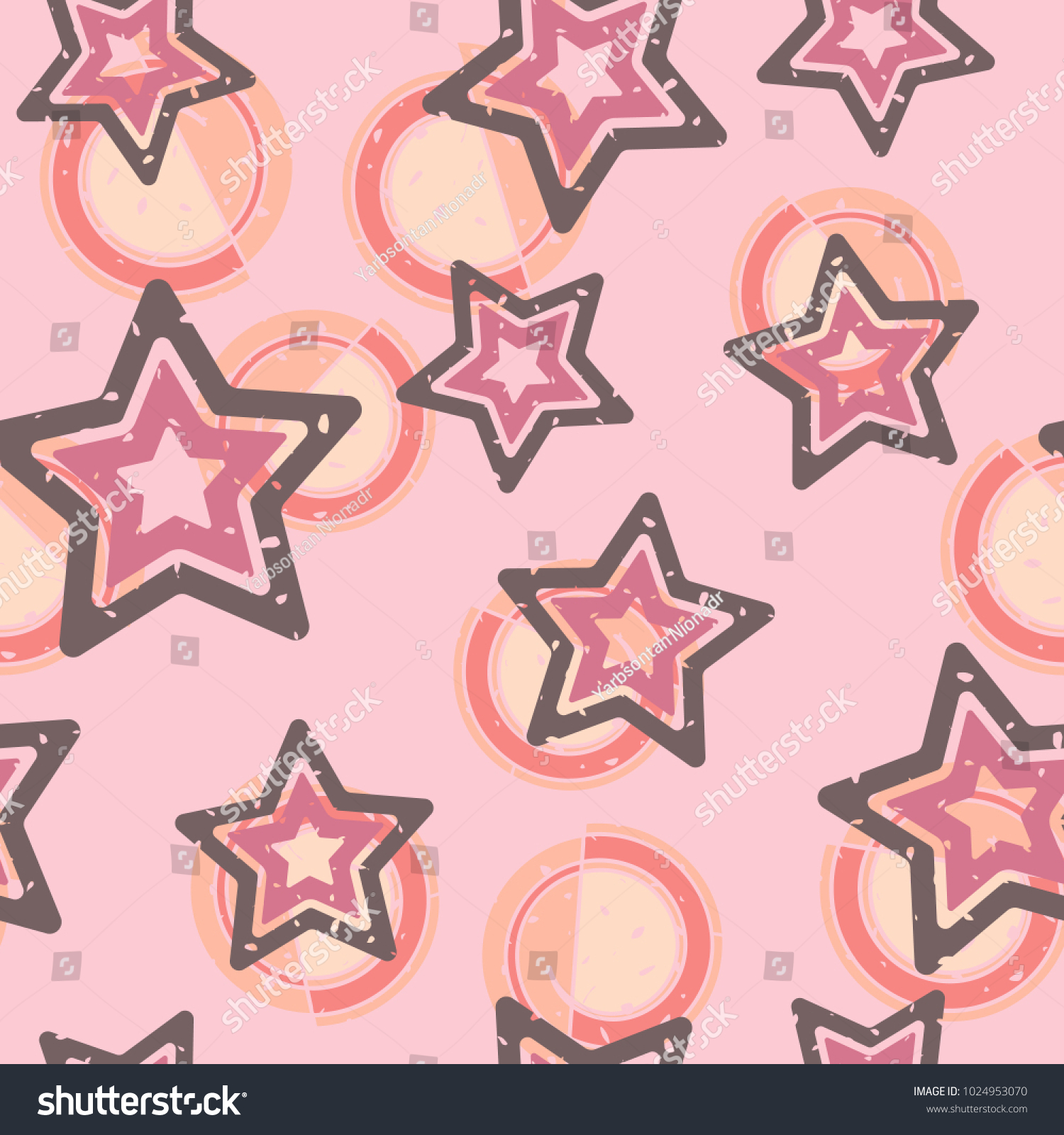 Seamless pattern. Five-pointed stars on a background of abstract figures.