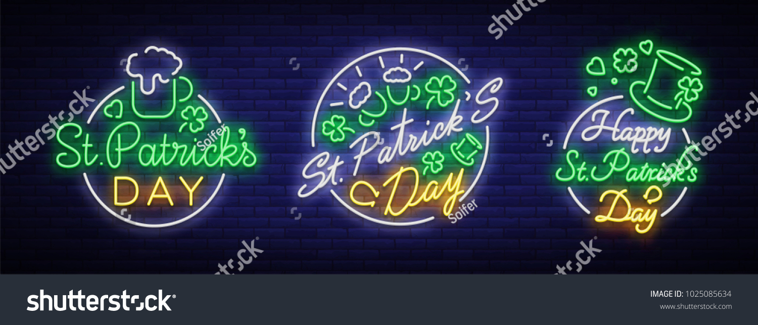 St Patricks Day is collection of neon signs. Character collection  logo with beer  neon banner  vivid design in neon style  Festive illustration for greeting card  flyer  party. Vector illustration