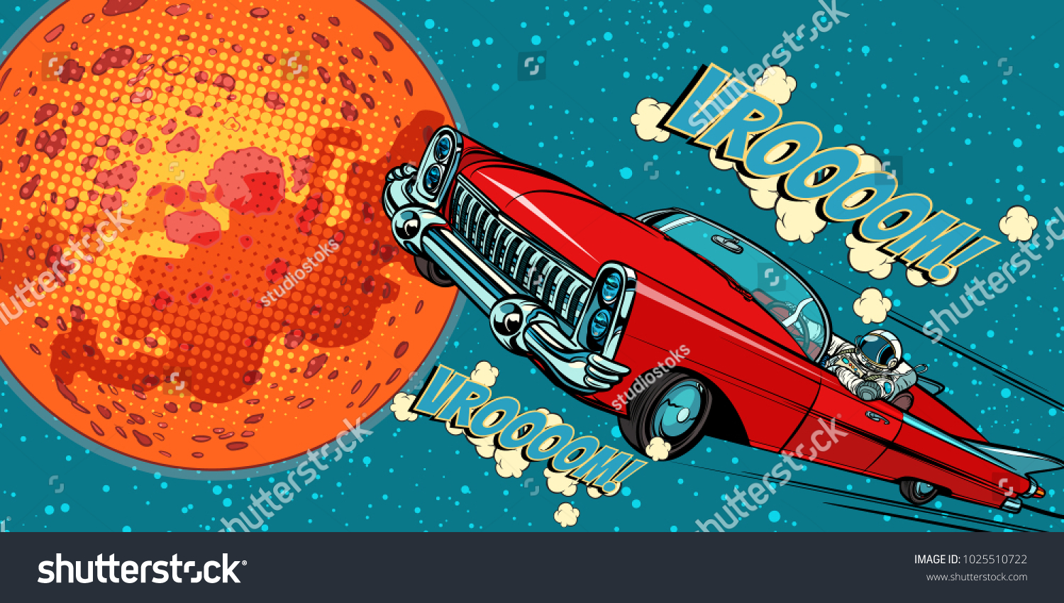The astronaut driver in car on Mars. Pop art retro vector illustration comic cartoon hand drawn vector