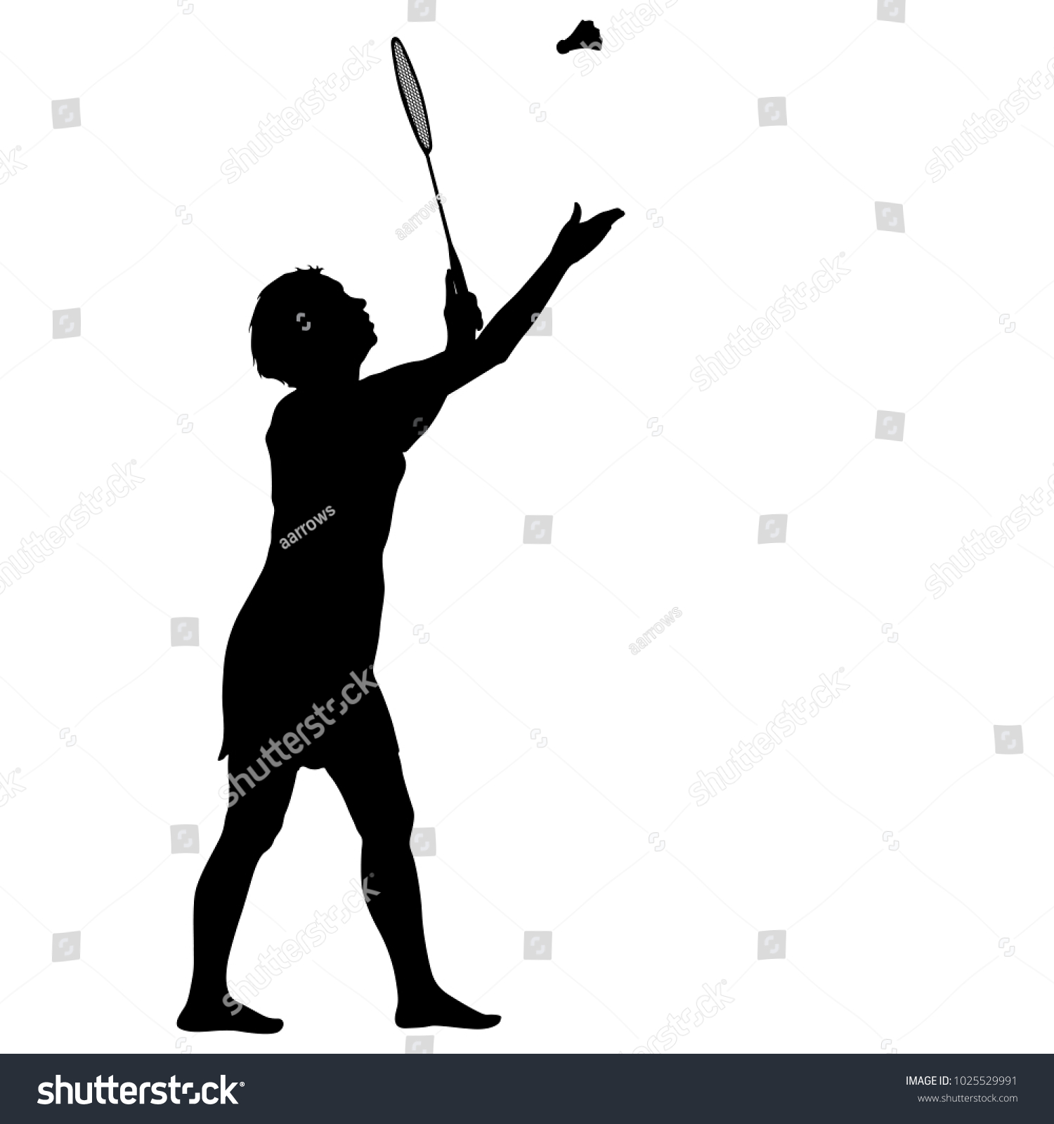 Black silhouette of female badminton player on white background.