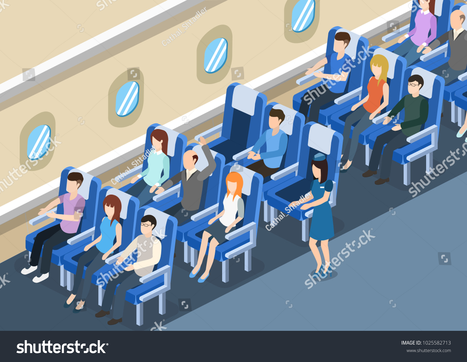Isometric 3D vector illustration board of the aircraft from the inside with passengers and stewardess
