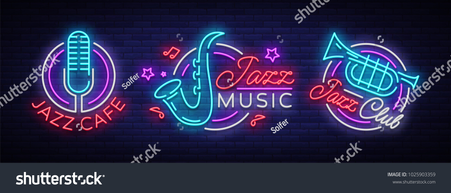 Jazz music collection neon signs. Symbols  collection of logos in neon style  bright night banner  luminous advertising on Jazz music for Jazz cafe  restaurant  party  concert. Vector illustration
