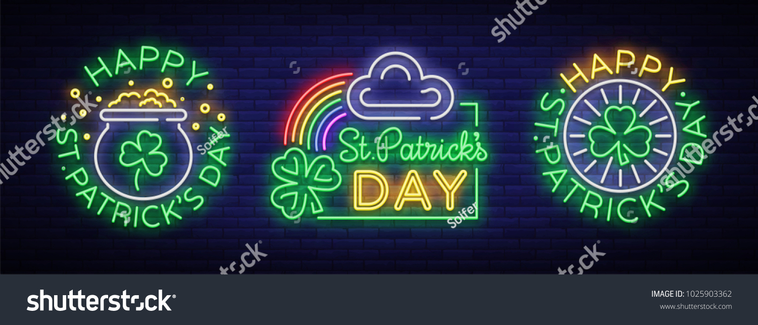 Happy St. Patrick's day set of vector illustrations in a neon style. Neon sign collection  greeting card  postcard  neon banner  bright advertisement flyer. An invitation to celebrate St Patricks Day