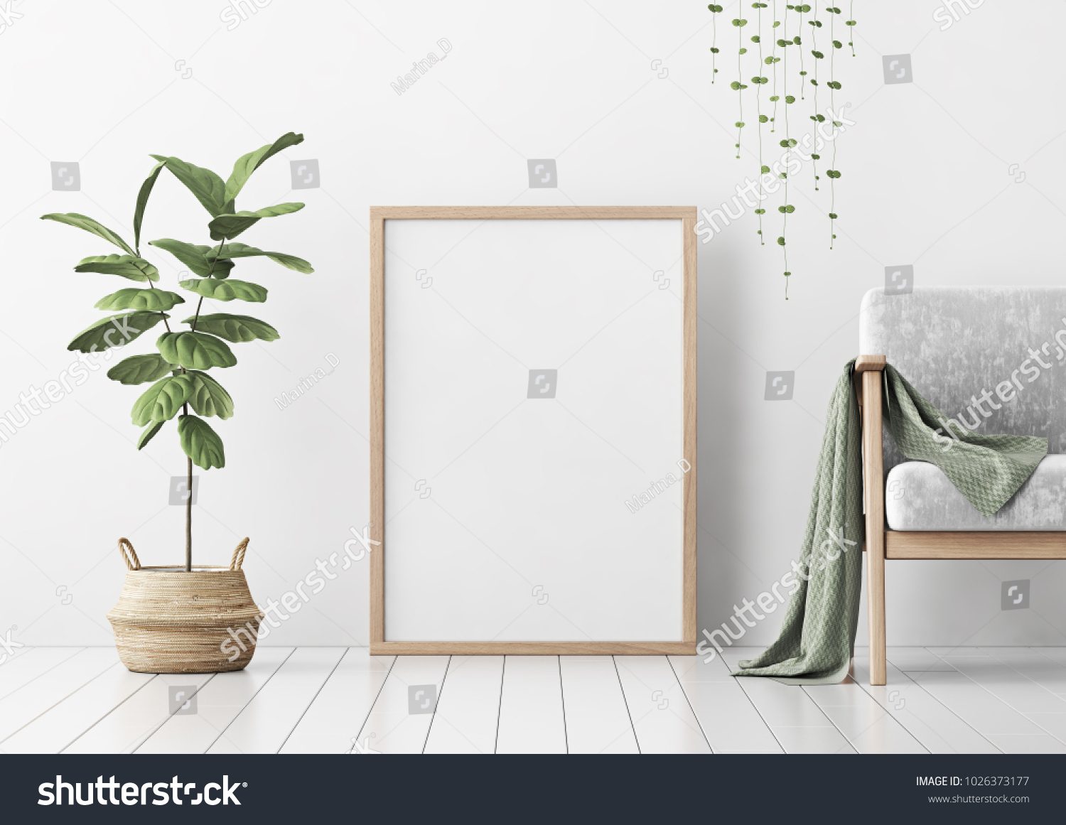 Interior poster mock up with vertical empty wooden frame standing on floor gray armchair and tree in wicker basket in room with white wall. 3D rendering.