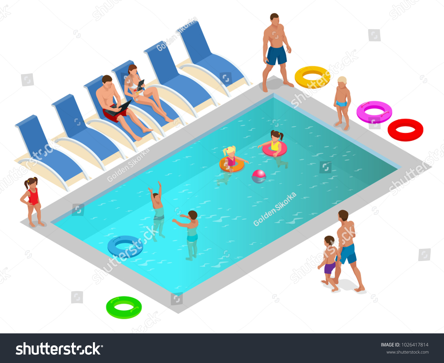 Isometric Family enjoying summer vacation in luxury swimming pool concept. Vector illustration