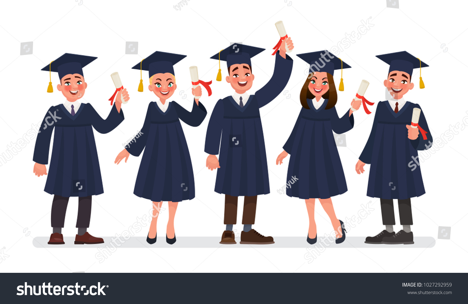 Group of graduates students with diplomas. Vector illustration in ...