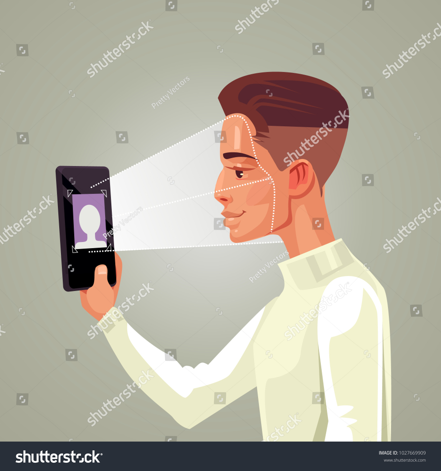 Facial recognition smart phone concept. Man character hold gadget. Vector flat cartoon illustration