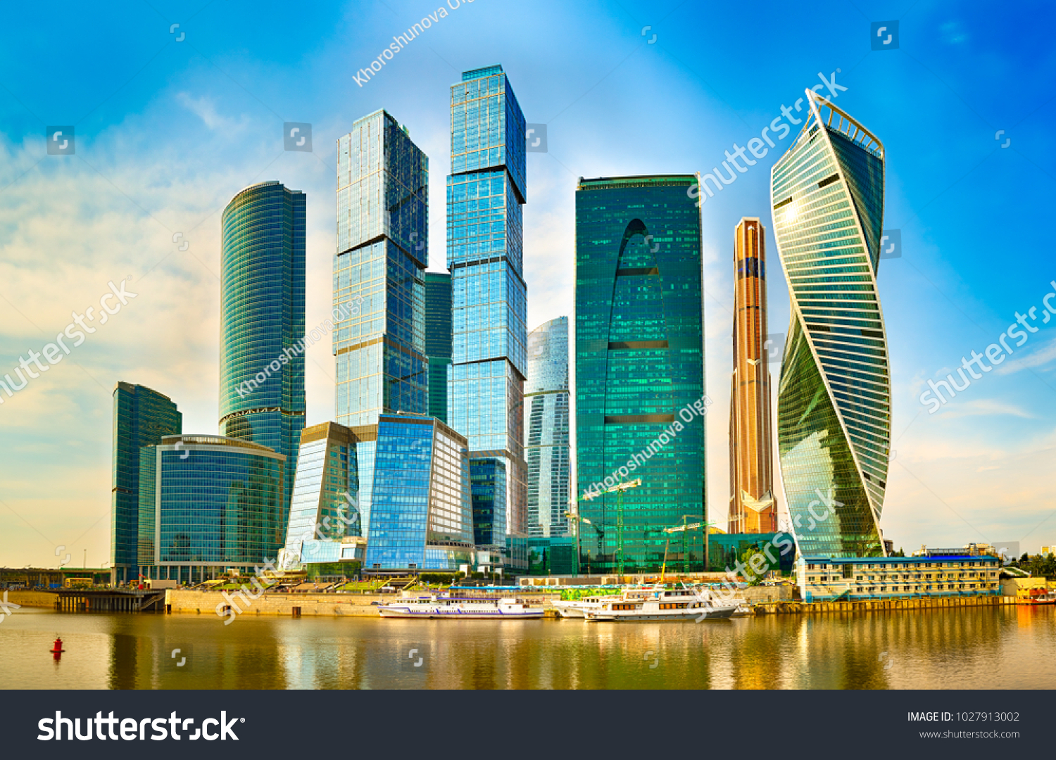 Moscow City skyline . Moscow International Business Centre at day time with Moskva river in foreground