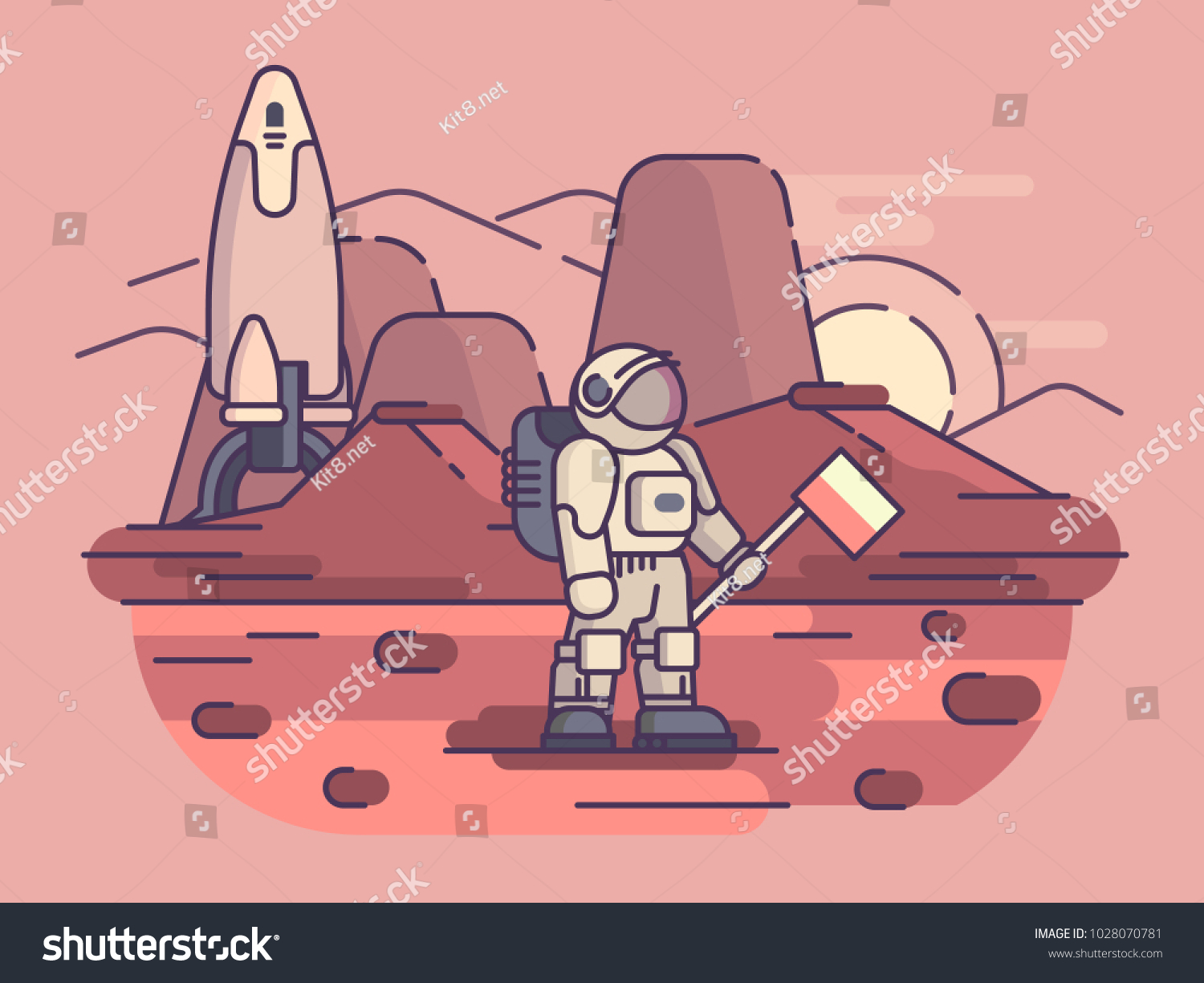 Astronaut stands on surface of planet with flag. Vector illustration