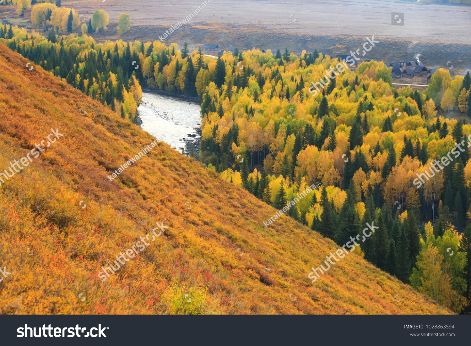 The water curve in kanas lake Xinjiang  China Asia.