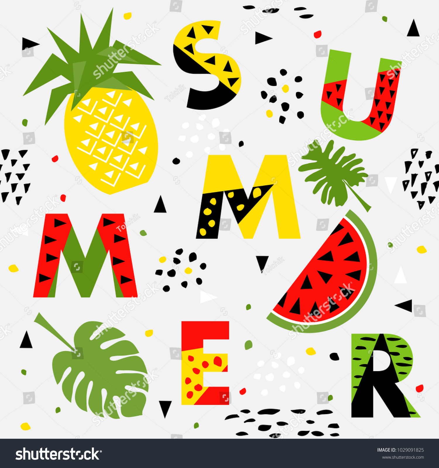 Trendy seamless  Memphis style watermelon and pineapple geometric pattern  vector illustration with line elements and  geometric figures. Design backgrounds for brochure and promotion 