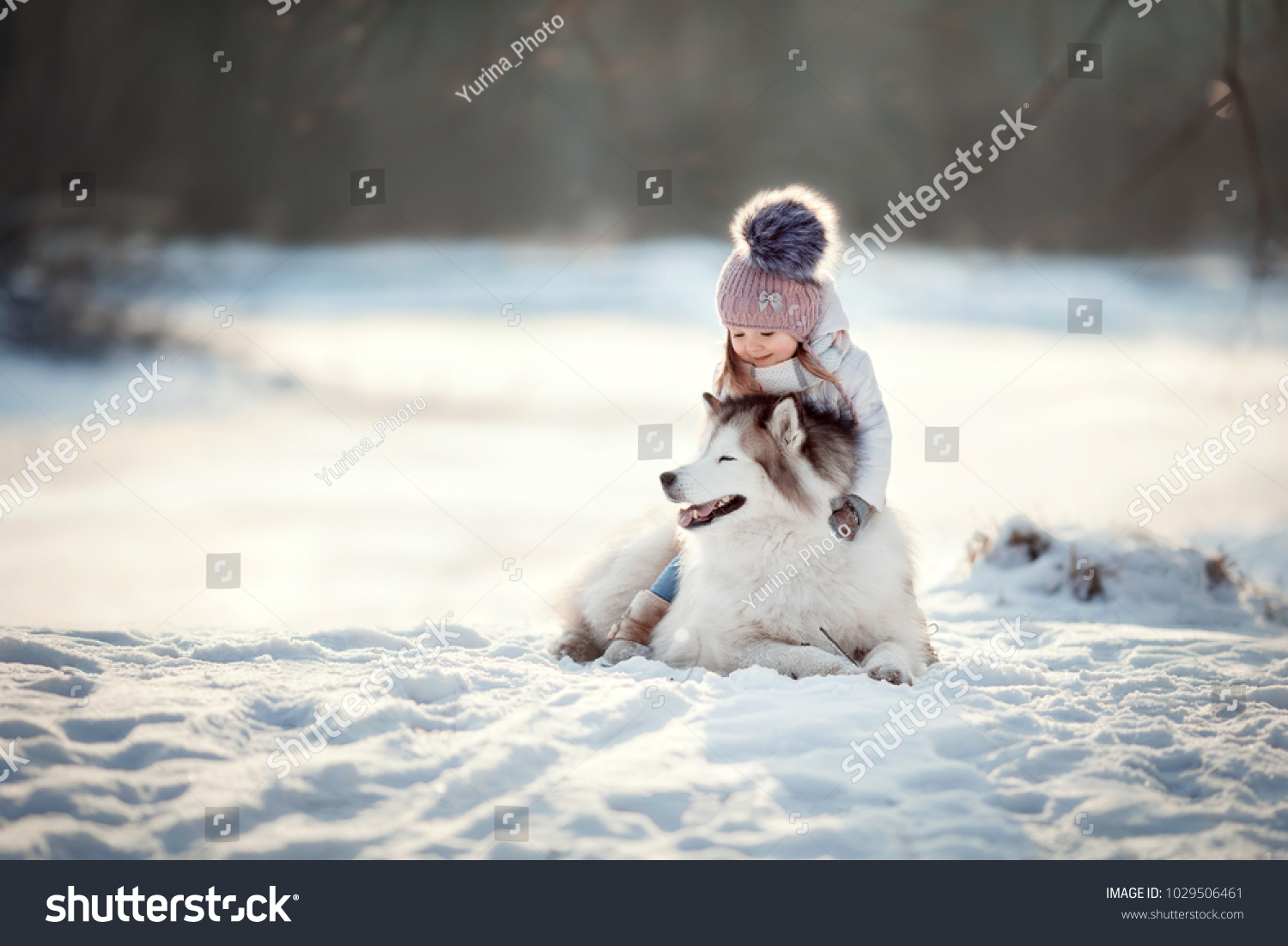 little girl with Siberian husky are walking in the winter forest