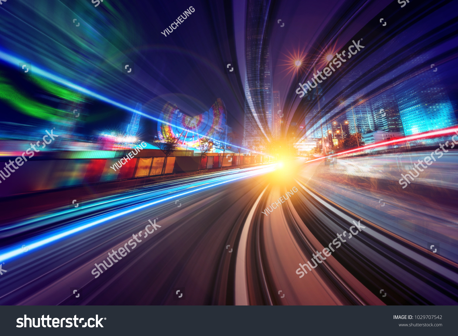 Creative image of moving train in city