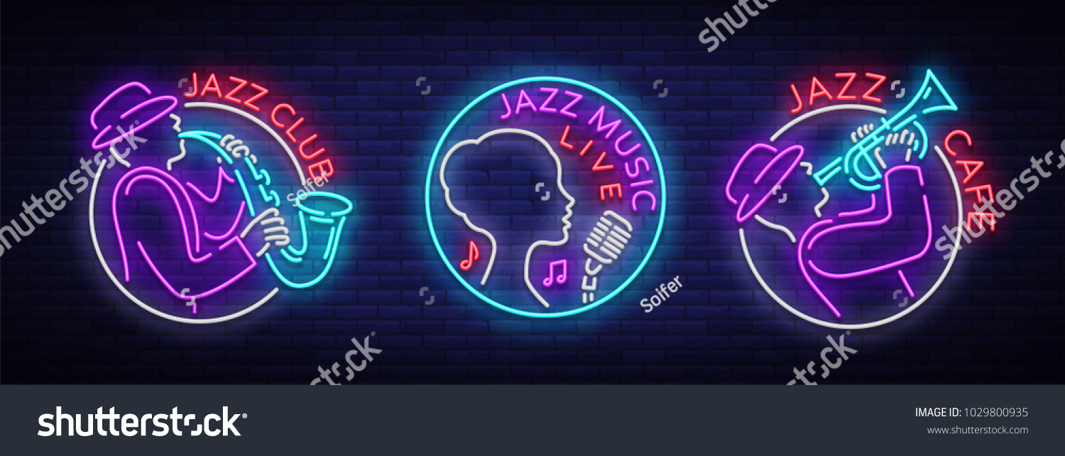 Jazz music collection of logos in neon style. Set of neon sign symbols  emblem  light banner  luminous sign. Bright Neon Advertising for Jazz Club  Cafe  Restaurant  Bar  Party. Vector illustration