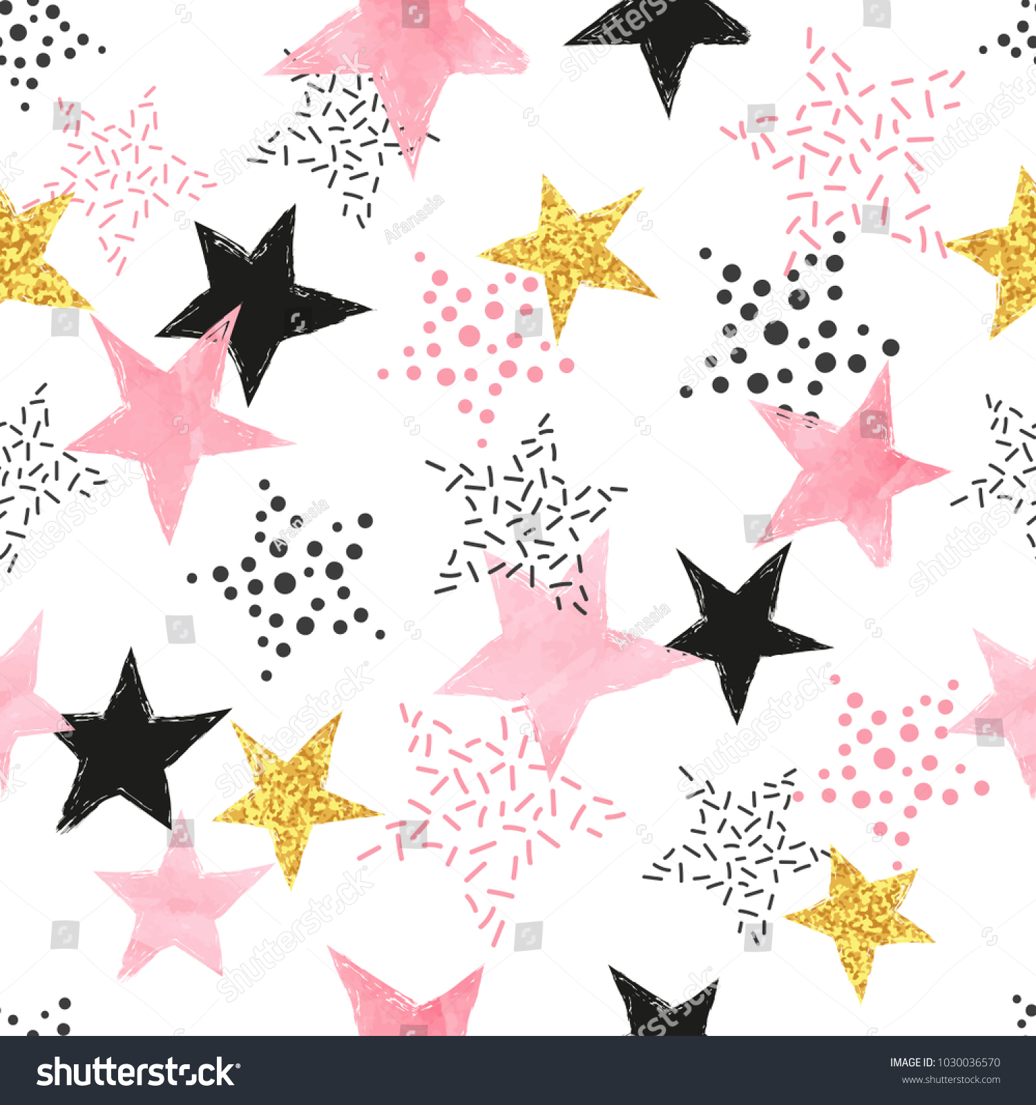 Seamless Stars pattern. Vector background with watercolor pink and glittering golden stars.
