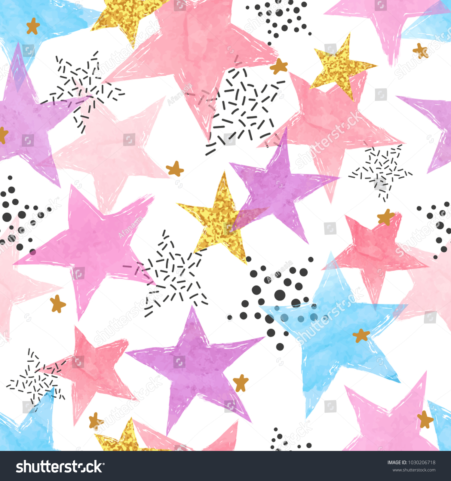 Abstract celebration background with watercolor stars. Colorful vector seamless pattern.