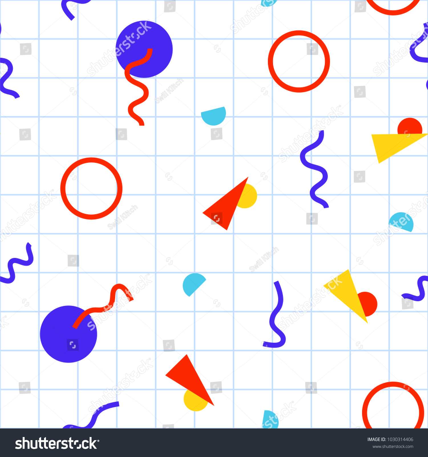 Seamless pattern with 80s memphis style modern geometric repeating ornament of weird colorful messy shapes