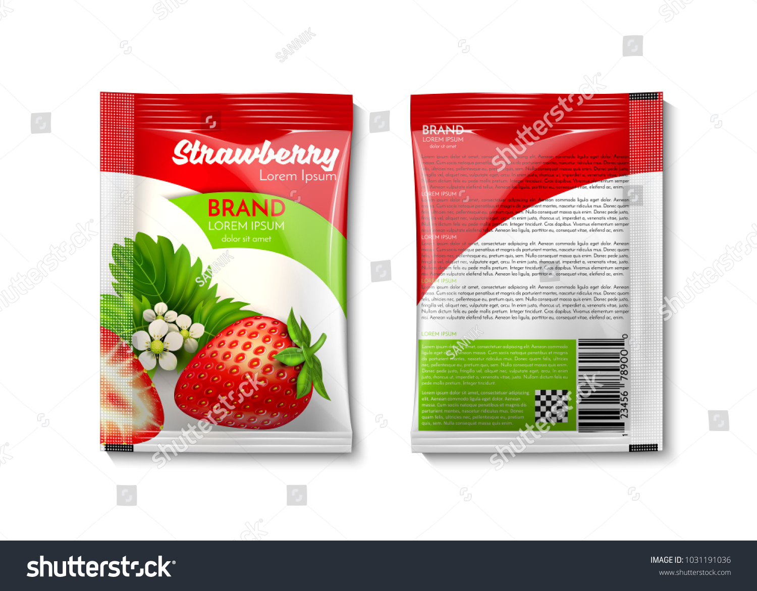 A plastic bag for your design and branding. Strawberry with green leaves. Mockup Blank Foil Packaging Sachet for tea  fruit  sugar  coffee  condoms  medicines  as well as salt  spices  sauce  shampoo.