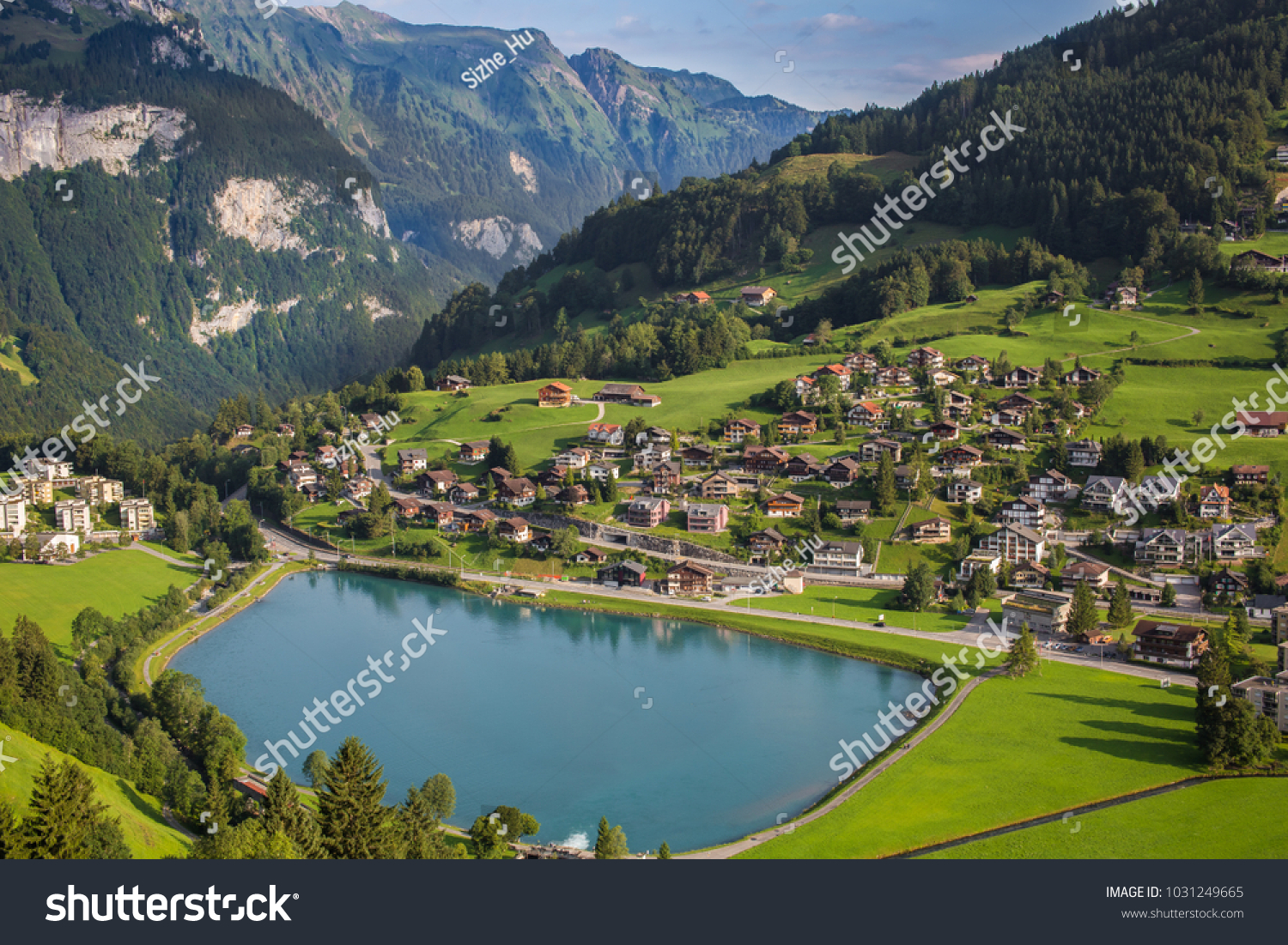 View to Engelberg with Eugenisee lake under the Mt. Titlis  Switzerland