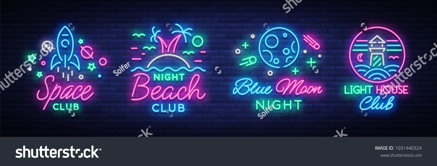Nightclub set of neon signs. Logo Collection in Neon Style  Symbol. Lighthouse  Beach  Space. Design a template for a nightclub  Night party advertising  discos  celebrations. Vector illustration