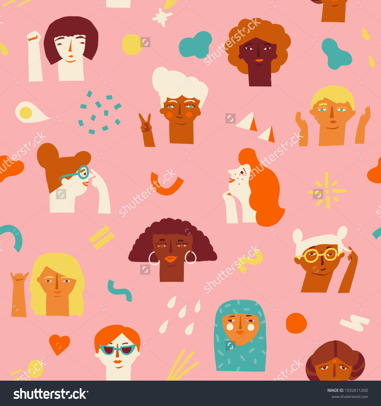 Women international and interracial faces seamless pattern. Women empowerment movement pattern. International womens day graphic in vector. 